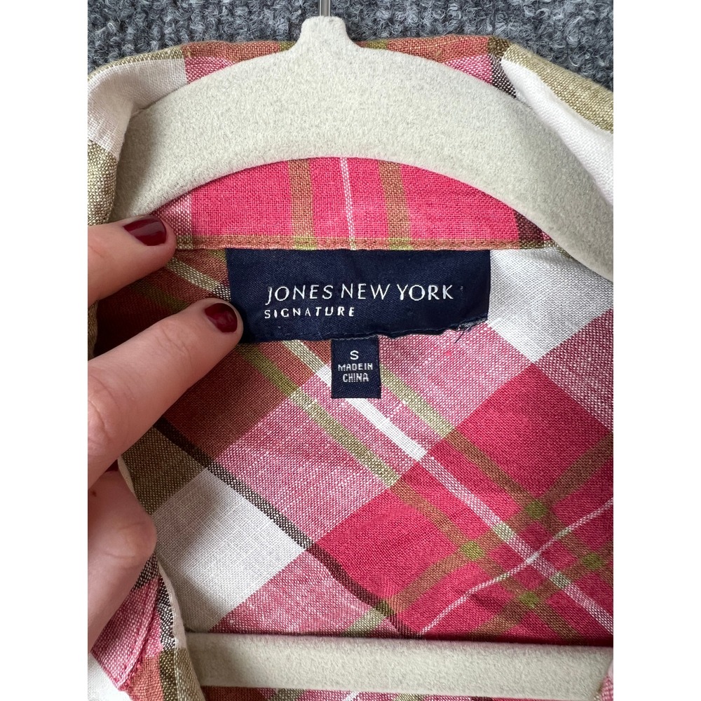 Jones New York Signature Womens Blouse Sz Small Pink Plaid Tie Front Linen Shirt - Picture 2 of 10